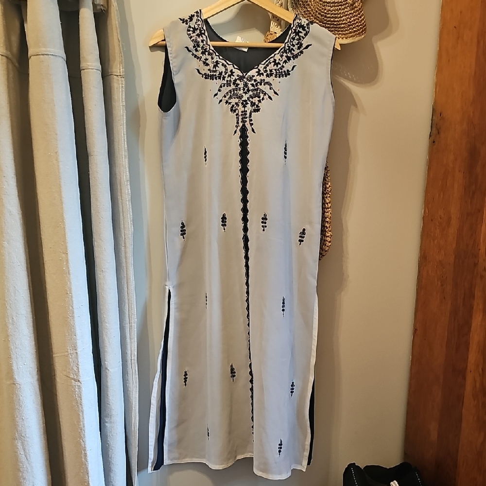 Chic White and Black Embroidered Midi Dress From India